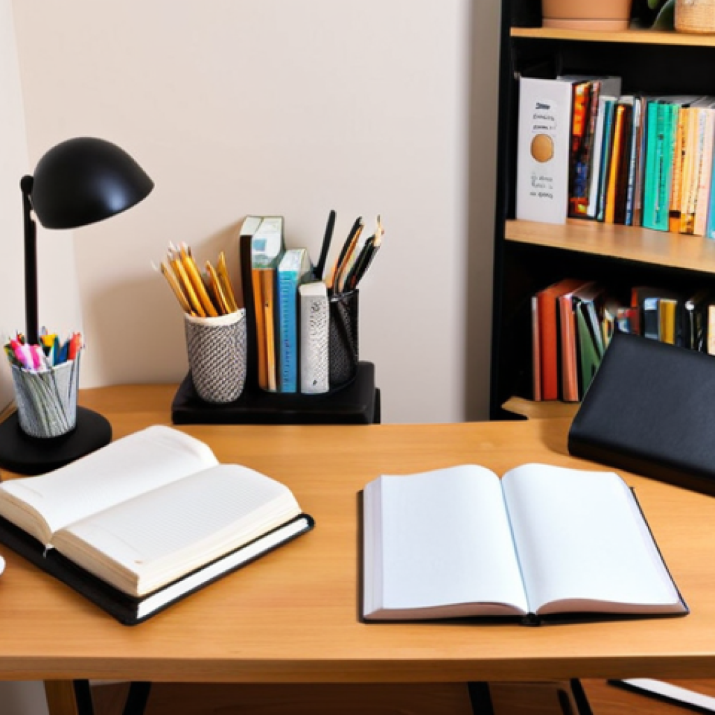 **Study Space Setup**: Create an image of a quiet and organized study area with a comfortable desk, minimal distractions, and essential study materials like books and stationery. The setting could be a cozy room or a peaceful corner in a cafe.