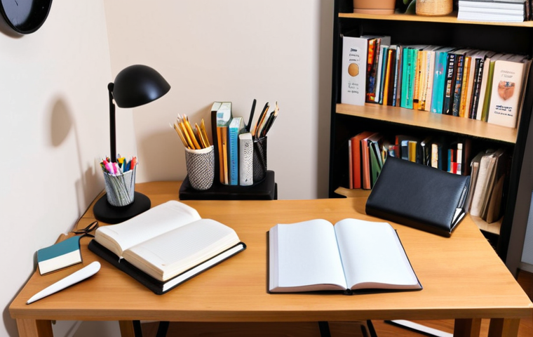 **Study Space Setup**: Create an image of a quiet and organized study area with a comfortable desk, minimal distractions, and essential study materials like books and stationery. The setting could be a cozy room or a peaceful corner in a cafe.