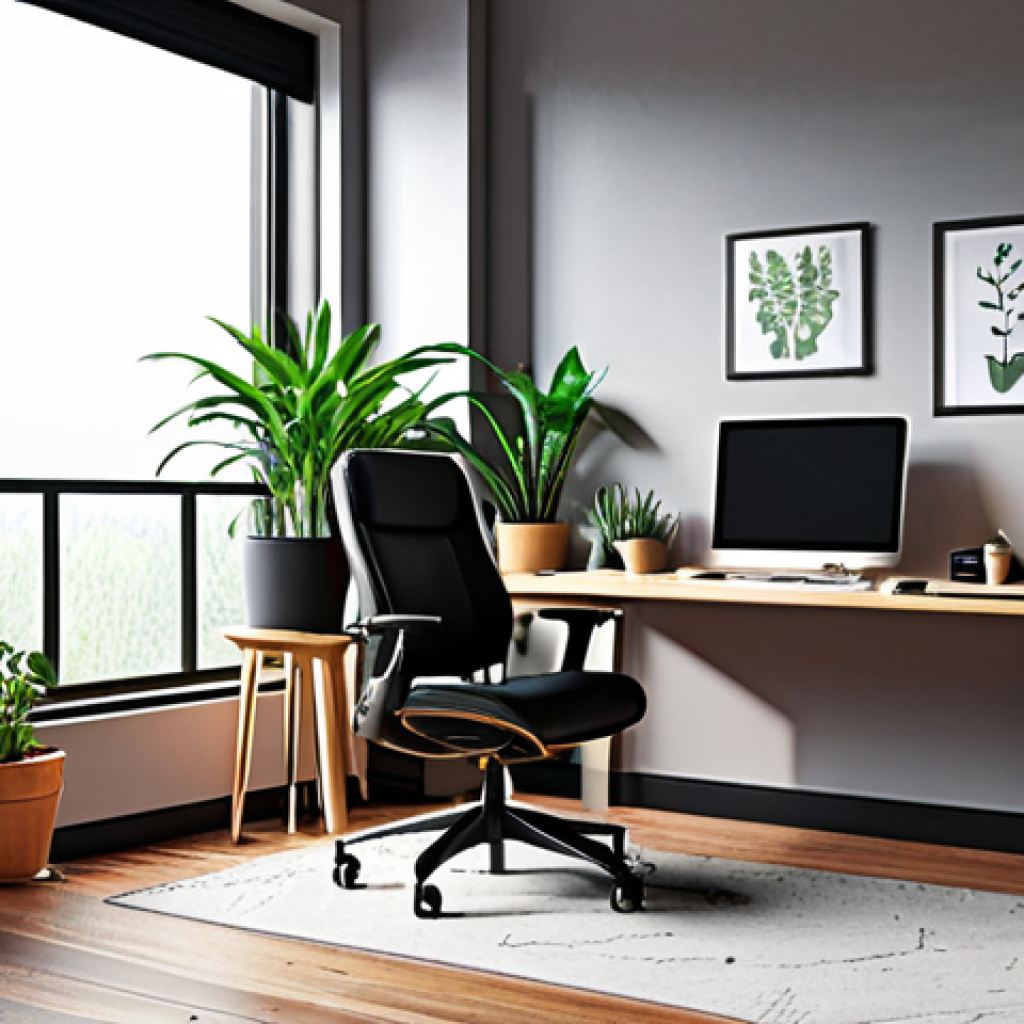 **

"Ergonomic workspace: adjustable standing desk, natural light, stress-reducing plants, comfortable chair. Rain sound ambience. Concept of personalized workspace boosting focus."

**