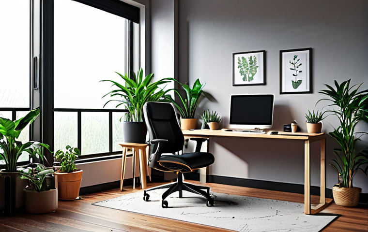 **
"Ergonomic workspace: adjustable standing desk, natural light, stress-reducing plants, comfortable chair. Rain sound ambience. Concept of personalized workspace boosting focus."
**