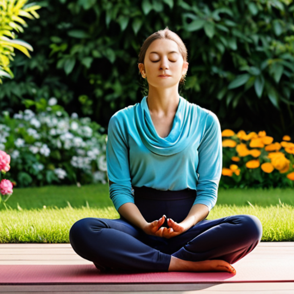 **

"A woman practices mindfulness meditation in a sunlit garden. She is sitting in a comfortable pose, fully clothed in modest yoga attire, with her eyes closed and a serene expression. The background features lush greenery and colorful flowers. Safe for work, appropriate content, perfect anatomy, natural pose, family-friendly."

**
