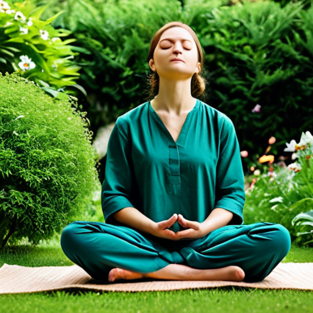 집중력 향상과 관련된 명언 모음 - Serene Focus**
A woman fully clothed in comfortable, modest clothing, sitting in a peaceful garden,...