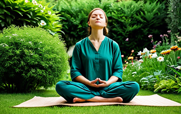 집중력 향상과 관련된 명언 모음 - Serene Focus**
A woman fully clothed in comfortable, modest clothing, sitting in a peaceful garden,...