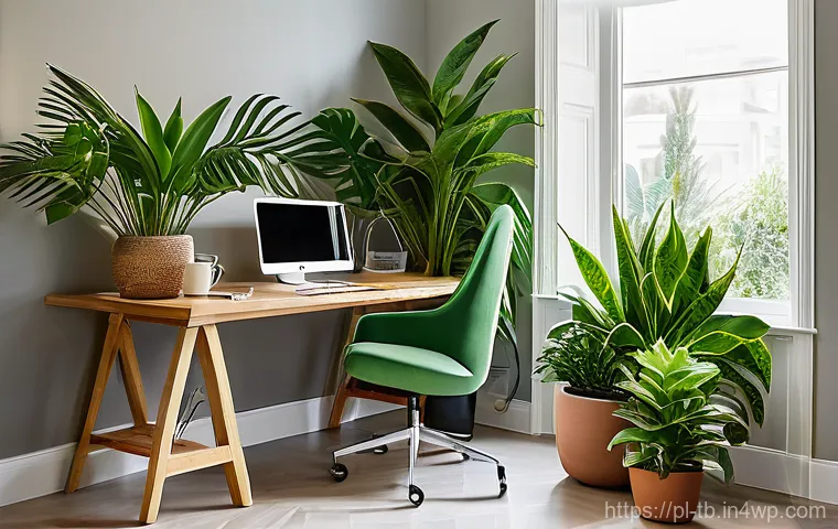 집중력 향상에 필수적인 환경 조성하기 - **"A modern, minimalist home office bathed in abundant natural daylight streaming through a large wi...