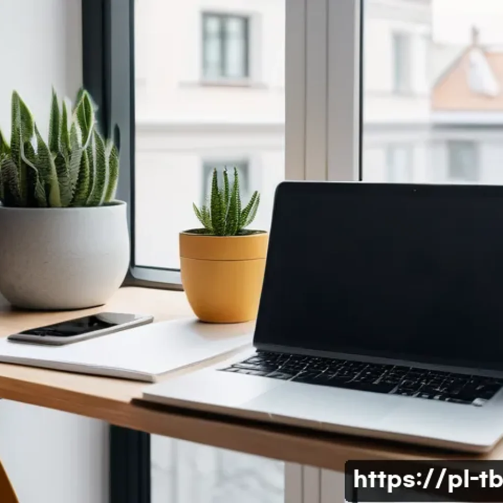 집중력 향상을 위한 패턴 만들기 기법 - A modern, bright home office workspace in Warsaw, Poland, featuring a tidy desk with a laptop, a not...