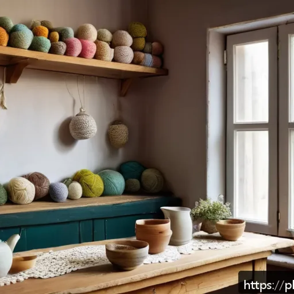 집중력을 높이는 방법으로서의 공예 - A cozy indoor craft corner in a Polish home, featuring a middle-aged person calmly crocheting with s...