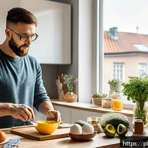 Home 33 집중력 강화에 효과적인 비타민 - A modern, bright kitchen scene in a cozy Polish apartment with a young adult man preparing a healthy...
