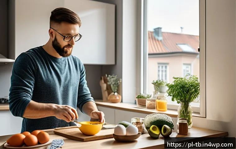 집중력 강화에 효과적인 비타민 - A modern, bright kitchen scene in a cozy Polish apartment with a young adult man preparing a healthy...