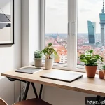 Home 18 집중력 증진을 위한 심리학적 팁 - A minimalist modern home office setup in a bright room with large windows letting in natural light, ...