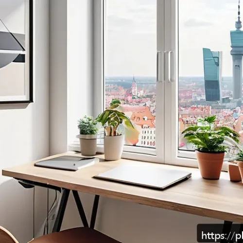 Home 30 집중력 증진을 위한 심리학적 팁 - A minimalist modern home office setup in a bright room with large windows letting in natural light, ...