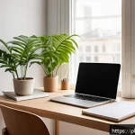 Home 23 공부할 때 집중력을 높이는 팁 - A minimalist study desk setup in a bright room with natural daylight streaming through a large windo...